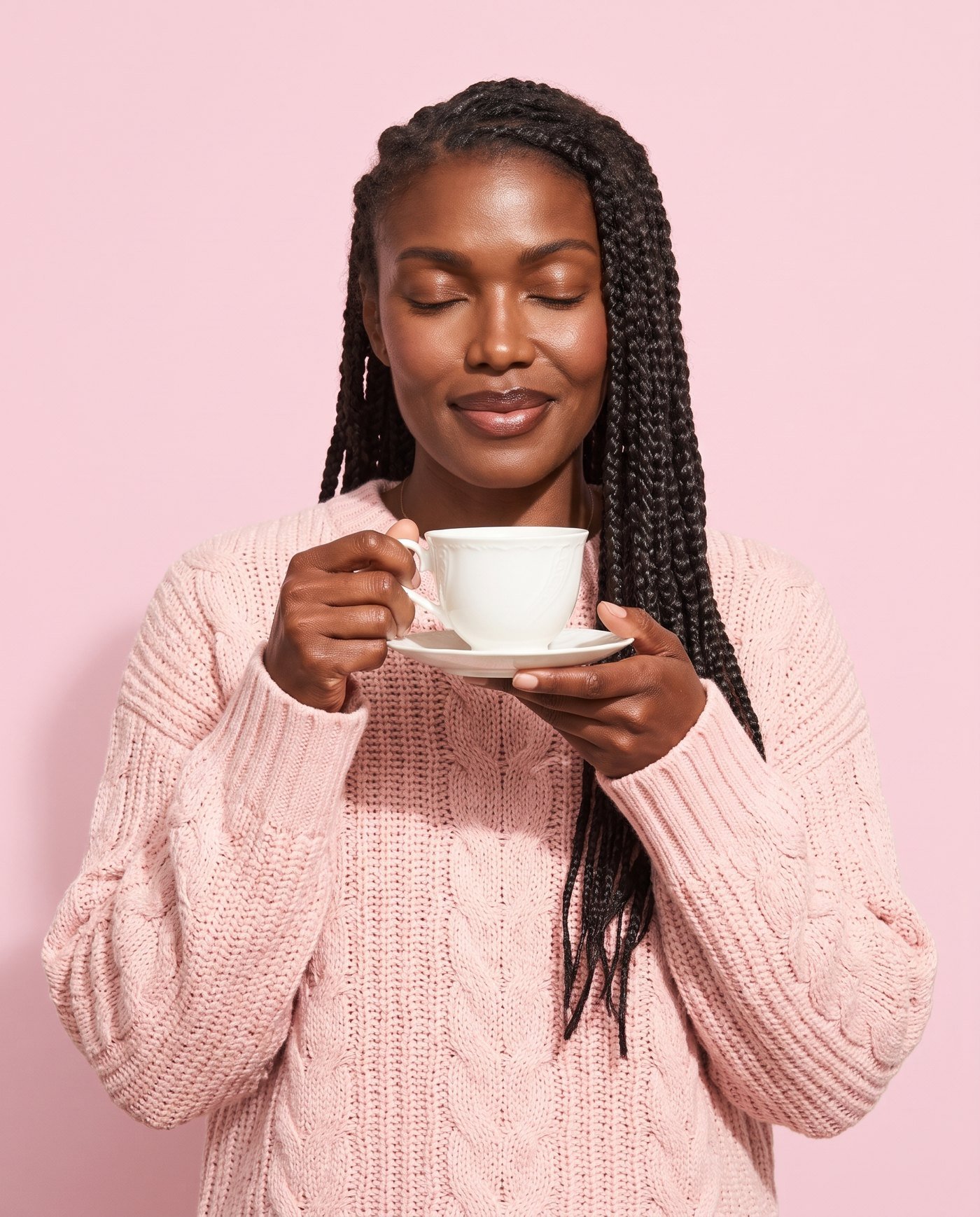 A woman in a pink knit with her eyes closed, holding a cup of chamomile tea