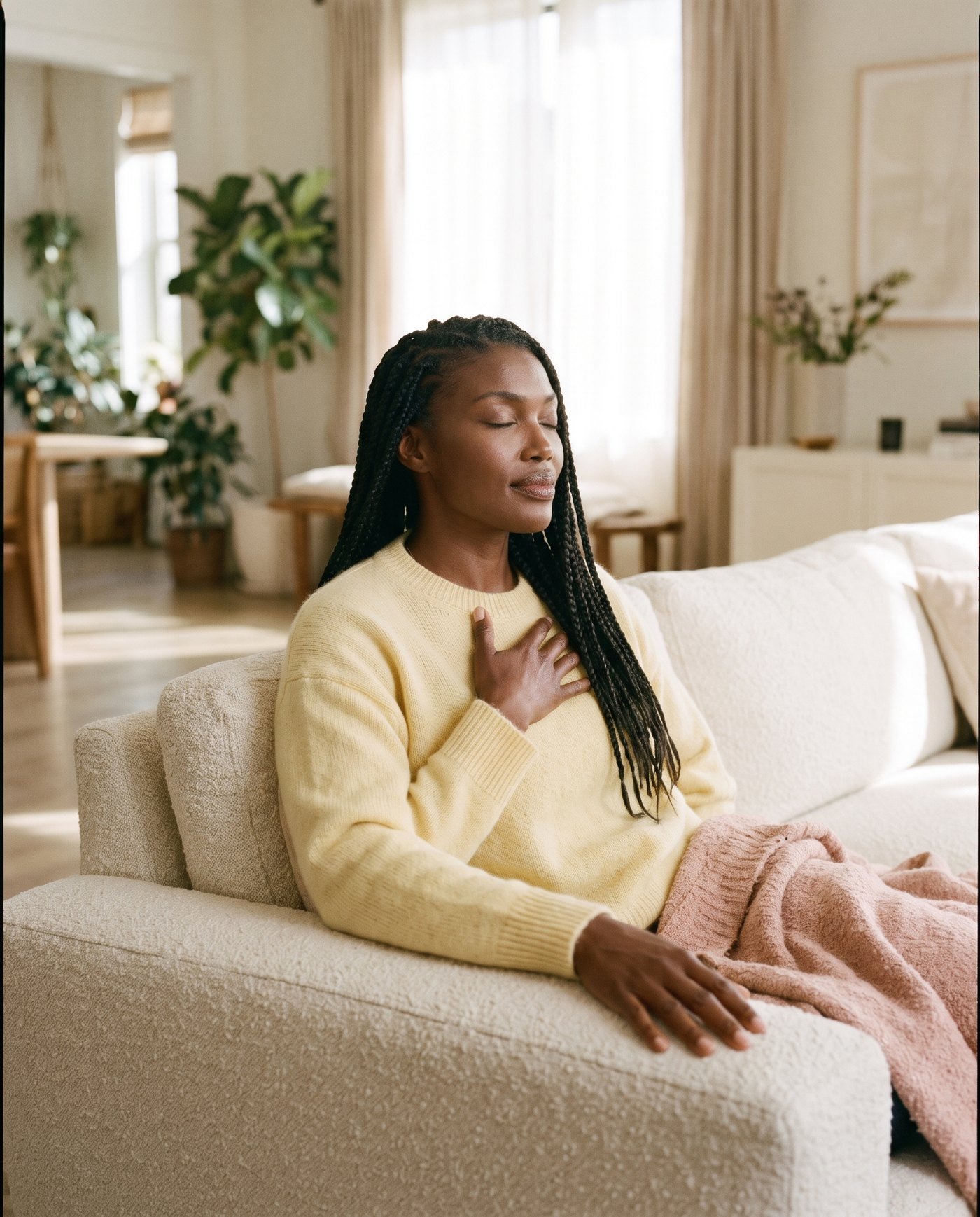 A woman breathing slowly on the sofa with a hand on her chest
