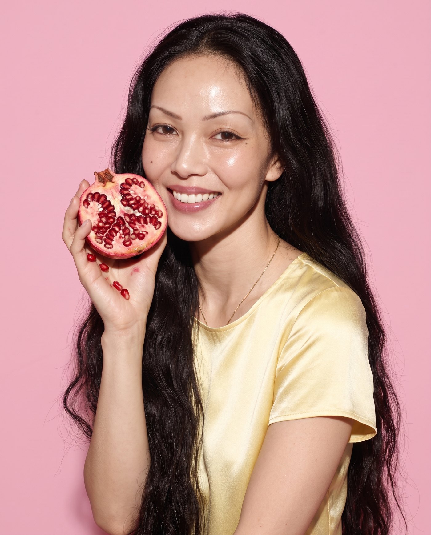 A woman in a yellow satin top holding half a pomegranate near her face