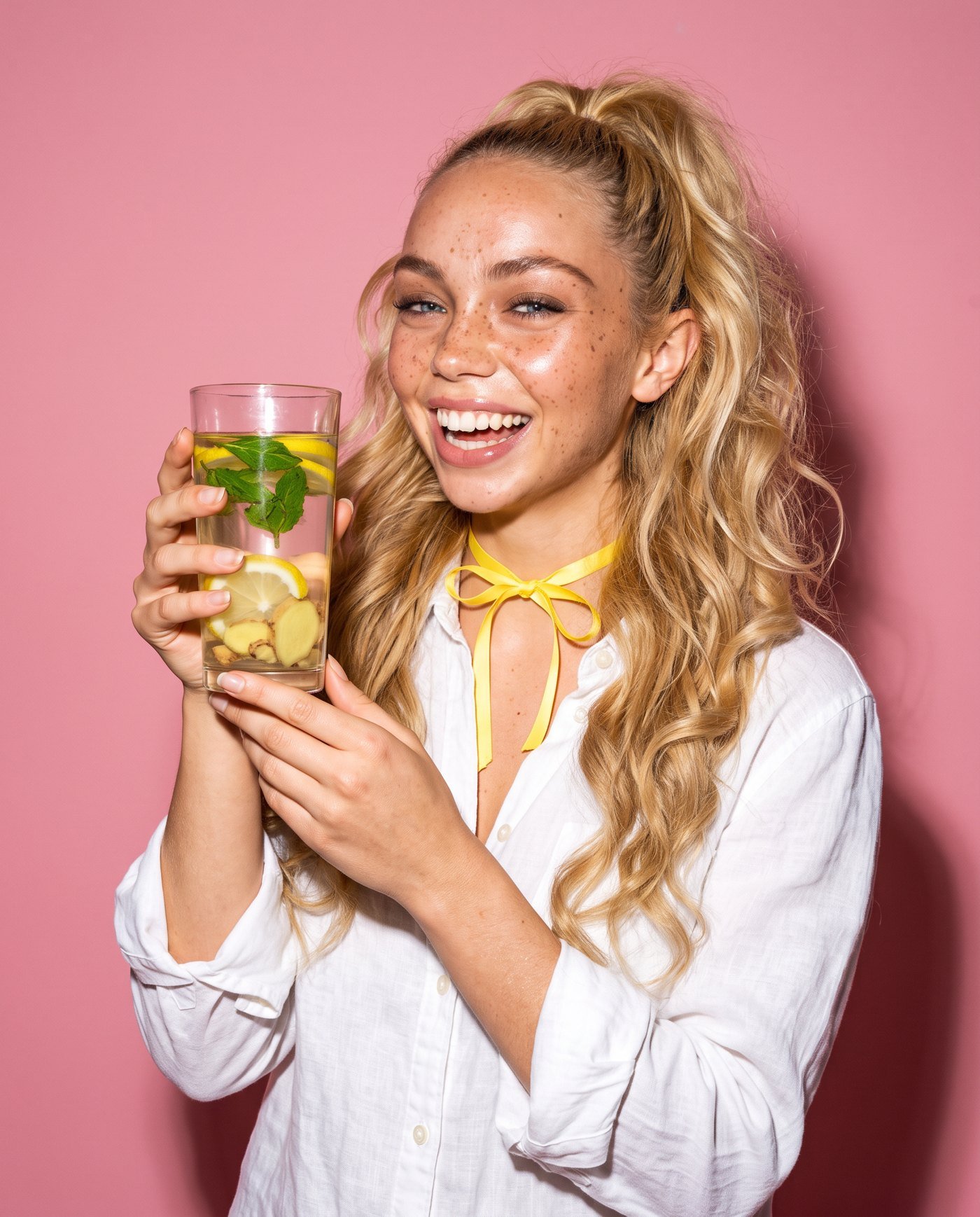 A woman in white linen laughing with a glass of warm lemon and ginger water