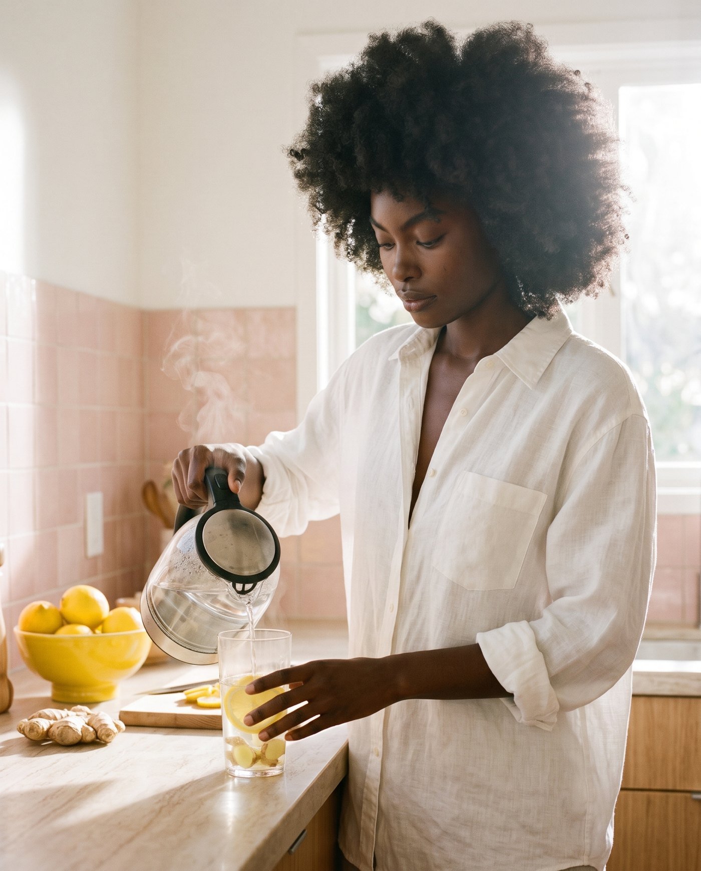 A woman pouring warm water over lemon and ginger in a sunny kitchen