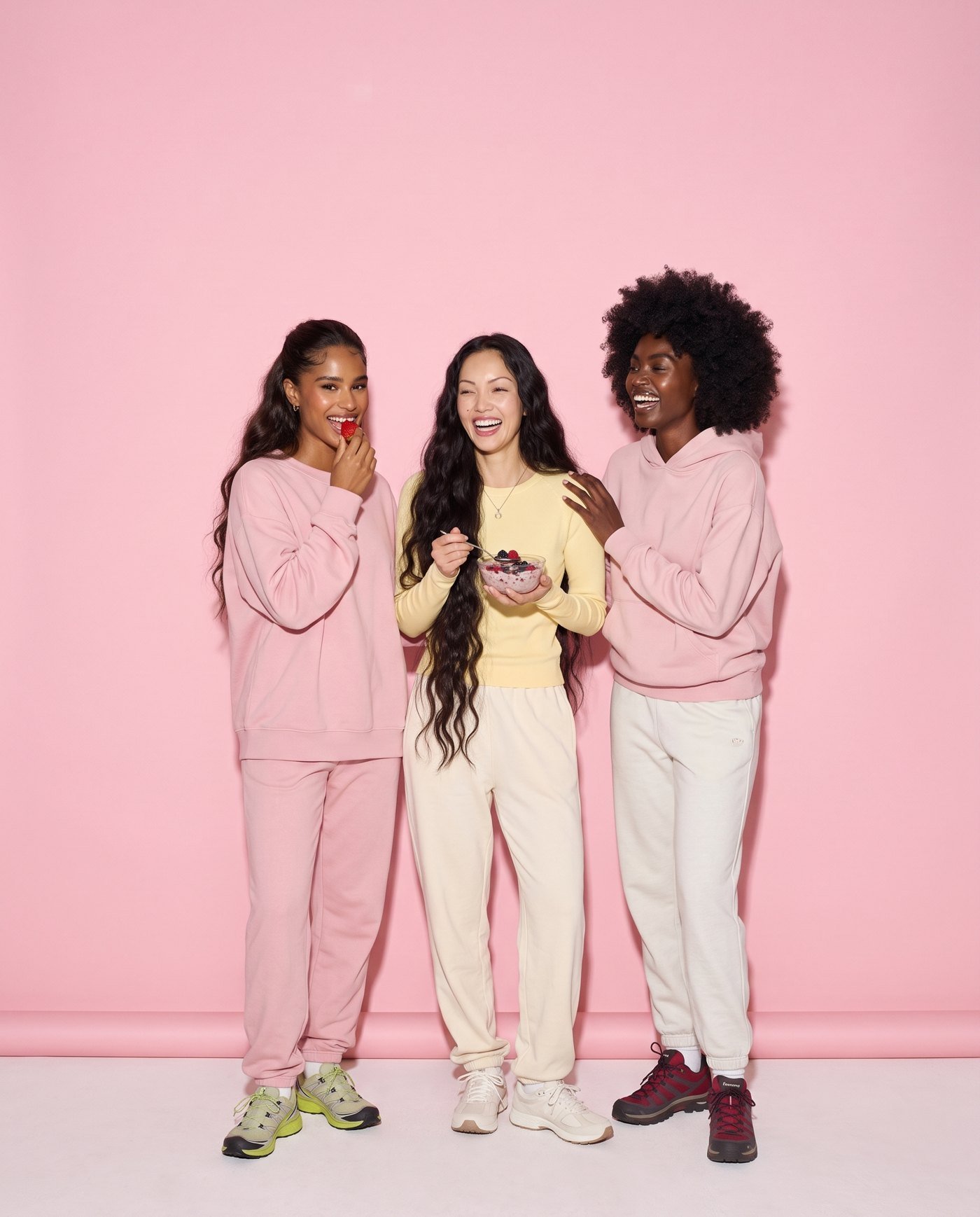 Three friends laughing together with berries and porridge