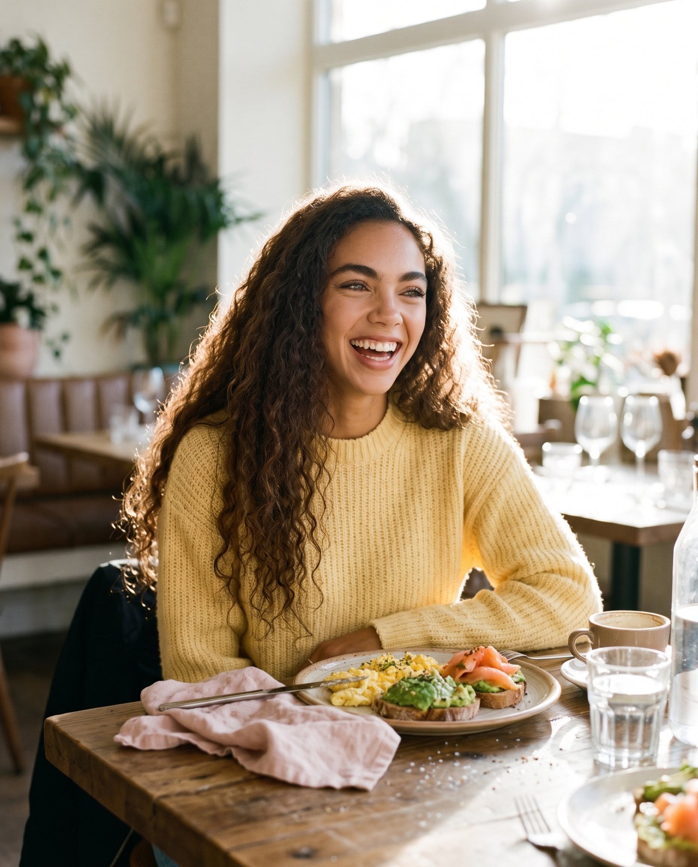 A woman laughing at breakfast with eggs and avocado toast