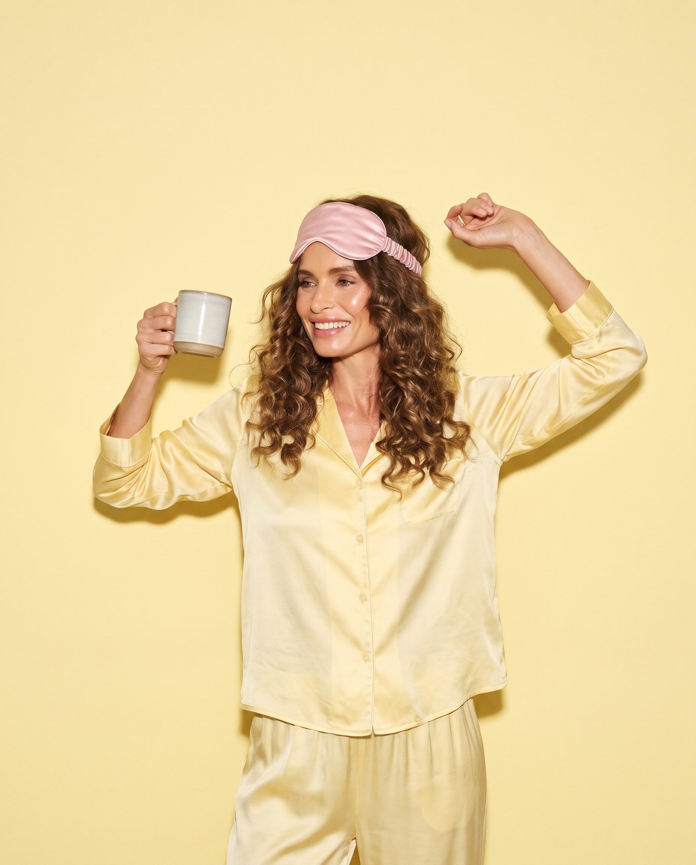 A woman in yellow silk pyjamas stretching happily with a pink eye mask on her forehead