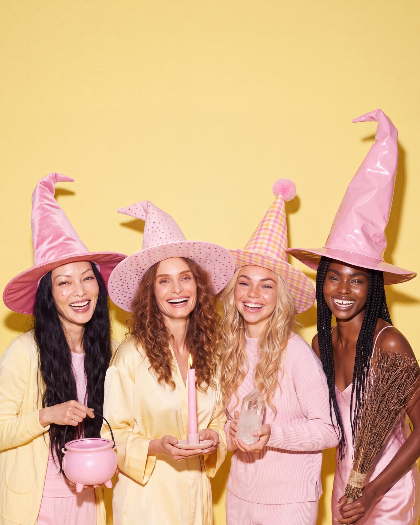 Four women in pink and yellow witch hats laughing together with a broom, a crystal, a candle and a little pink cauldron