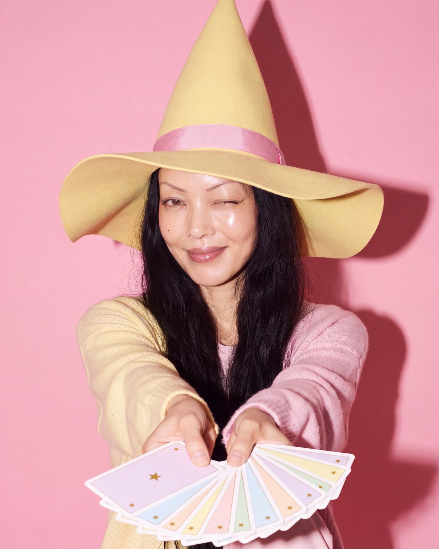 A woman in a pink witch hat fanning out pastel cards